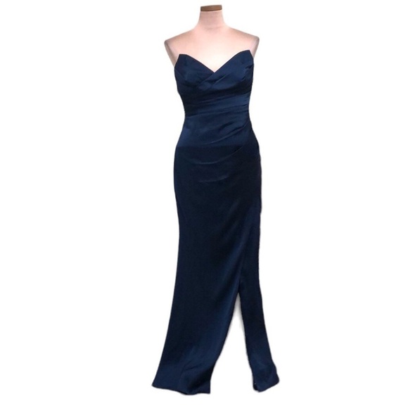Azazie Maxi Dress Size 8 Navy Blue Strapless Pleated Gown - Picture 1 of 9